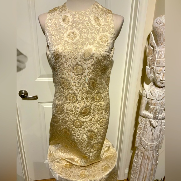 Vintage 1950s Metallic Gold Satin & Lurex Quilted Floral Dress, Medium - Picture 1 of 6